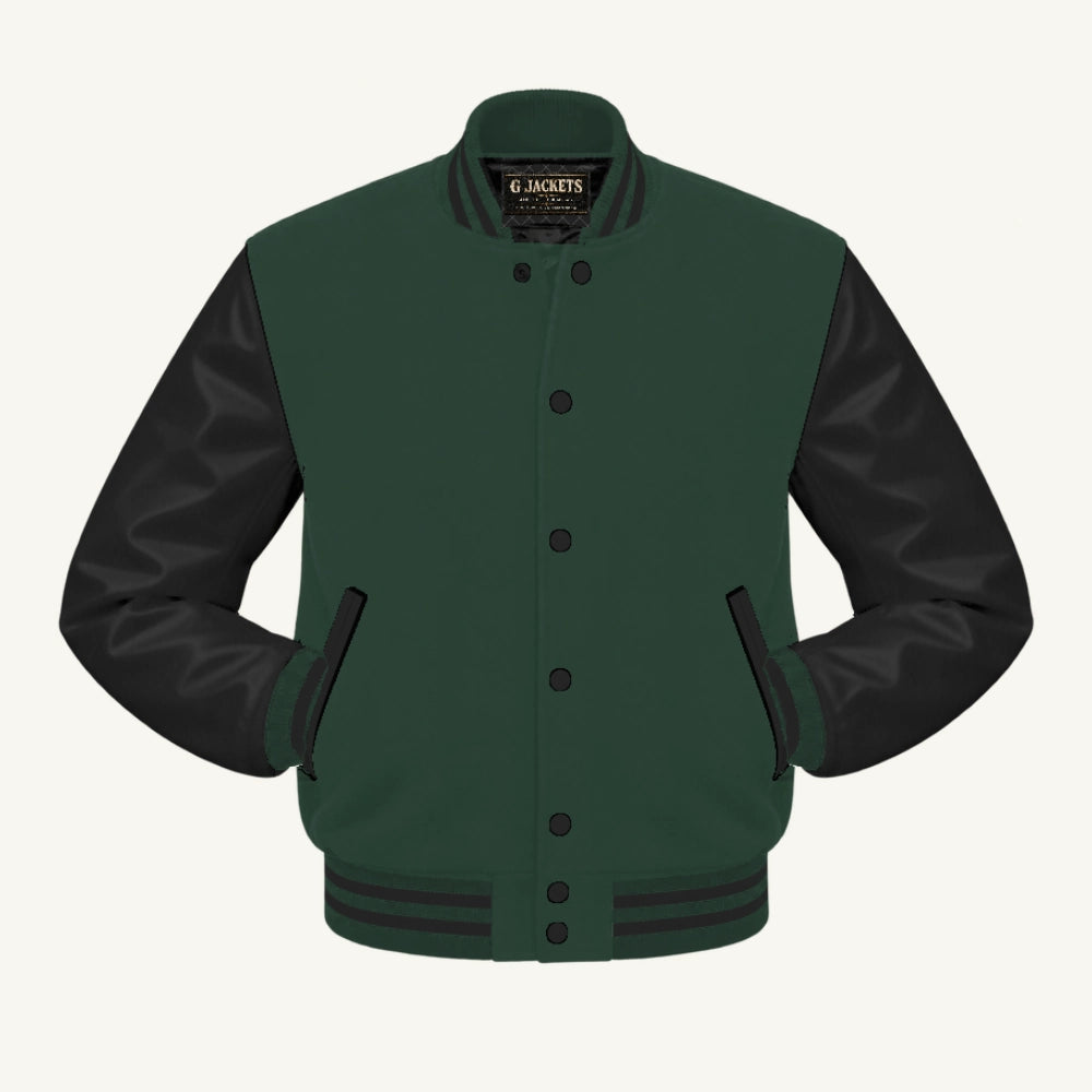 G Jackets Classic Wool & Genuine Leather Varsity Jacket, Forest Green/Black, front view