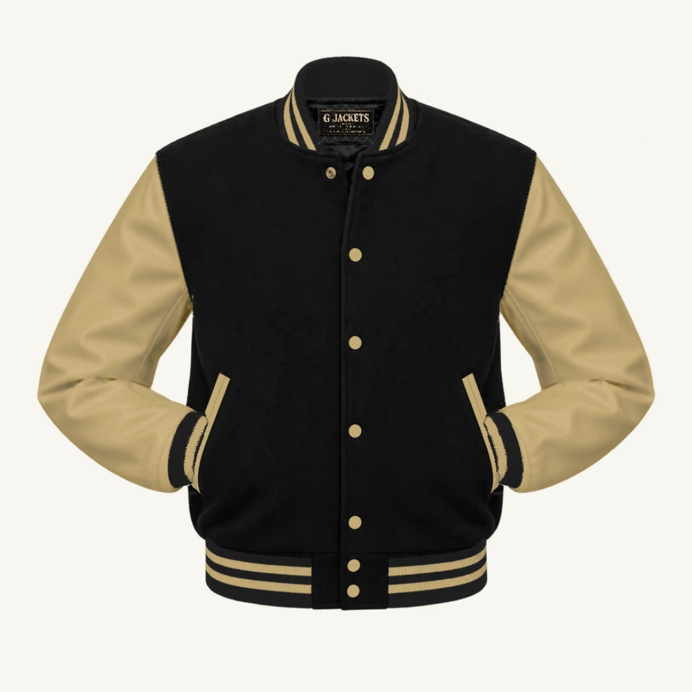 G Jackets Classic Wool & Genuine Leather Varsity Jacket, Black/Tan, front view