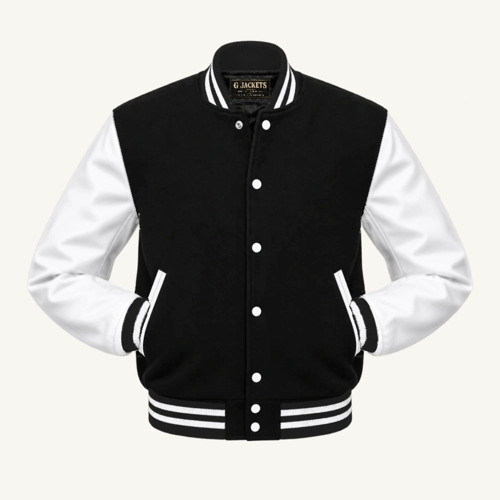 G Jackets Classic Wool & PU Leather Varsity Jacket, Black/White, front view