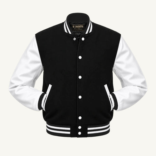G Jackets Classic Wool & PU Leather Varsity Jacket, Black/White, front view