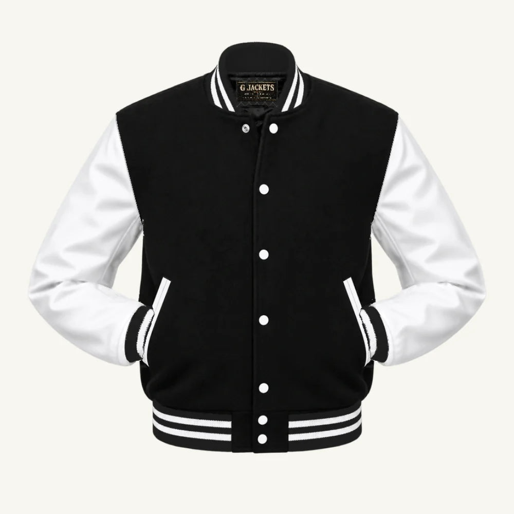 Kids G Jackets varsity jacket design — black wool body, white PU leather sleeves and cotton-spandex rib