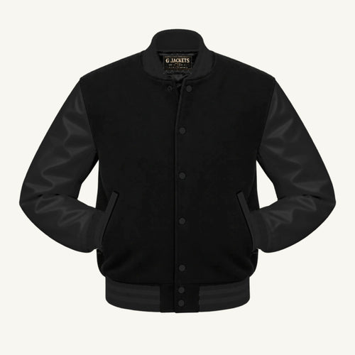 G Jackets Classic Wool & PU Leather Varsity Jacket, Solid Black, front view