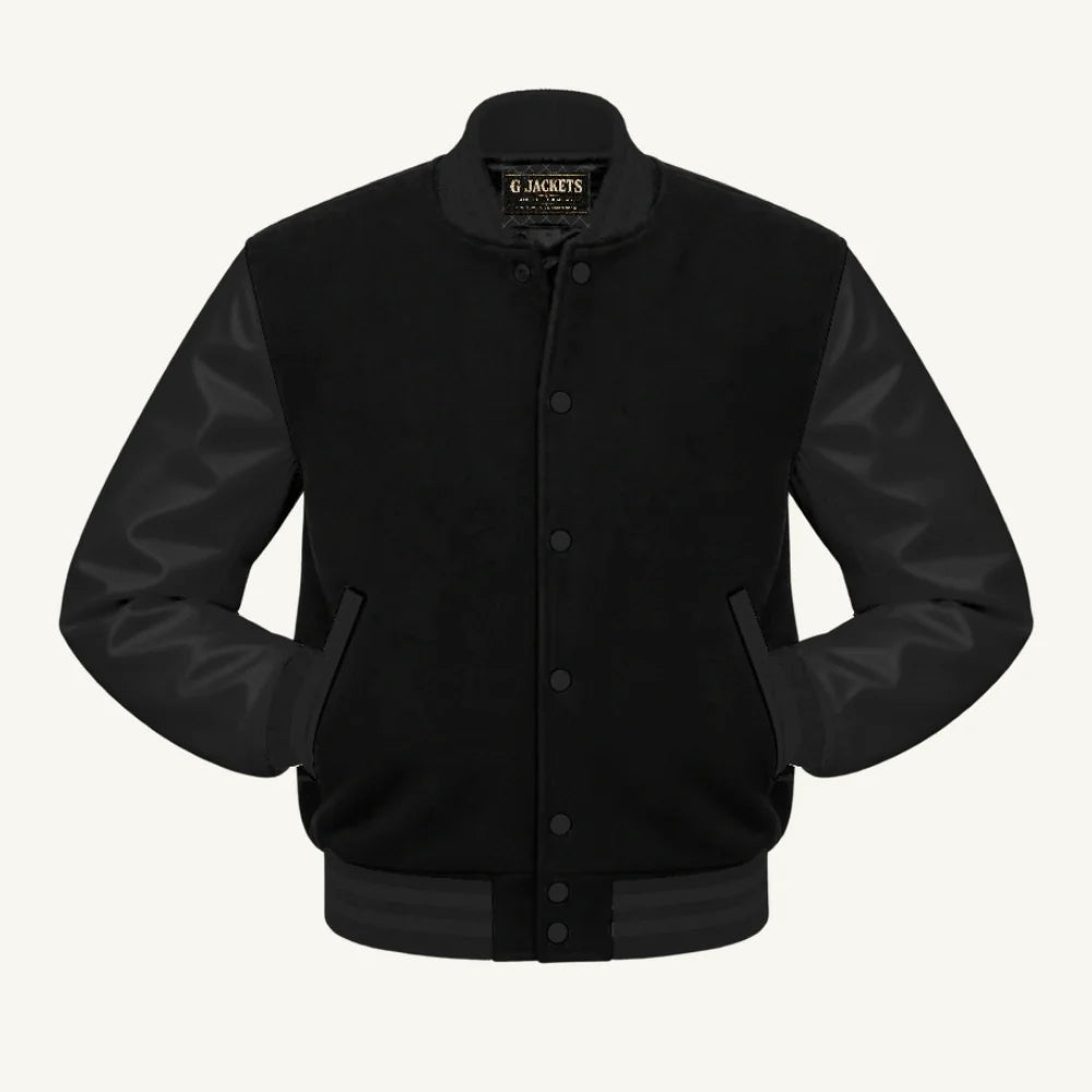 G Jackets Kids Classic Wool & PU Leather Varsity Jacket, Solid Black, front view