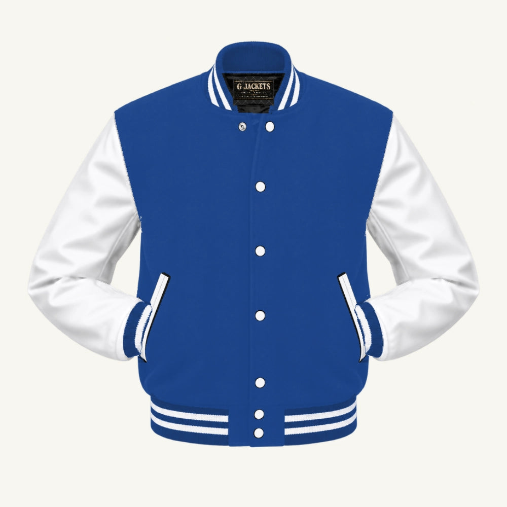 G Jackets Classic Wool & PU Leather Varsity Jacket, Royal Blue/White, front view