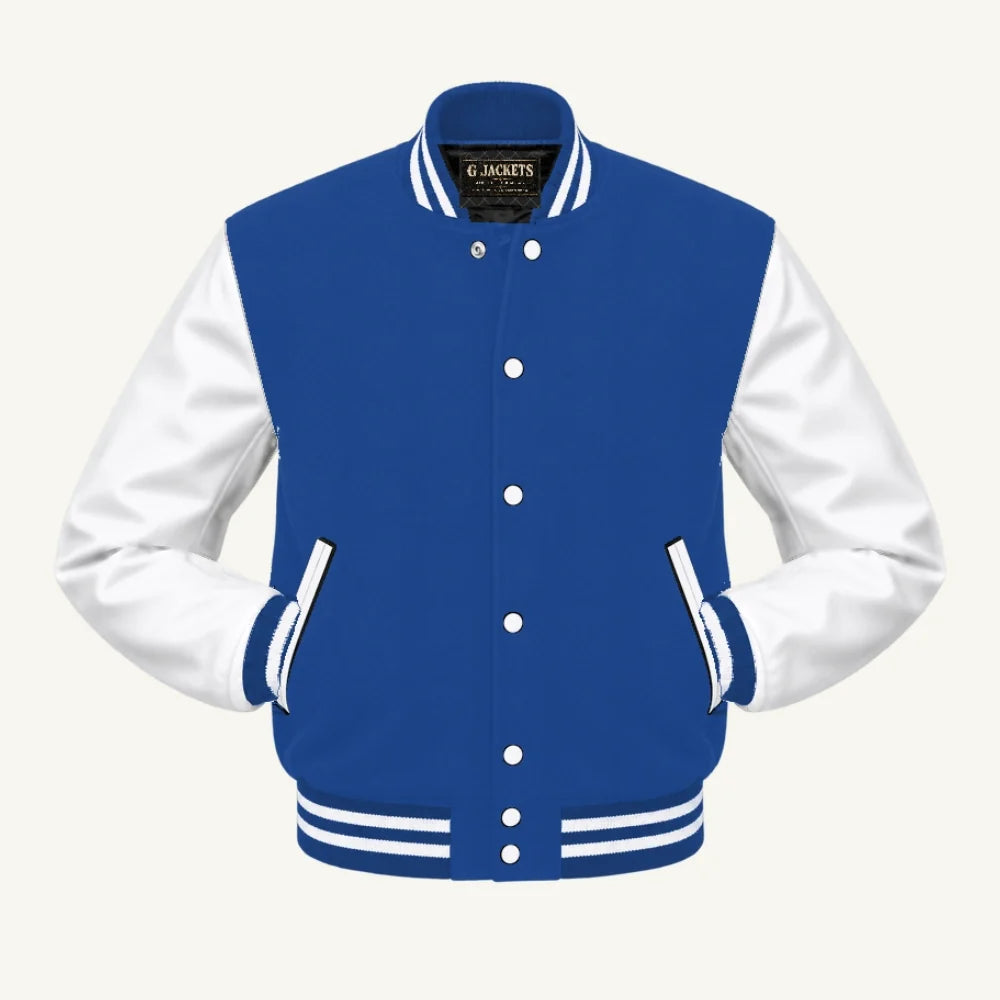 G Jackets Kids Classic Wool & PU Leather Varsity Jacket, Royal Blue/White, front view