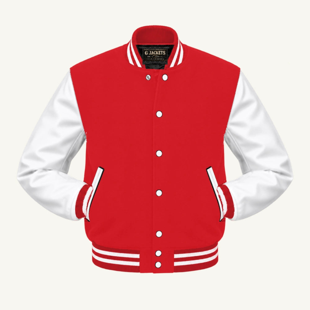 G Jackets Classic Wool & PU Leather Varsity Jacket, Red/White, front view