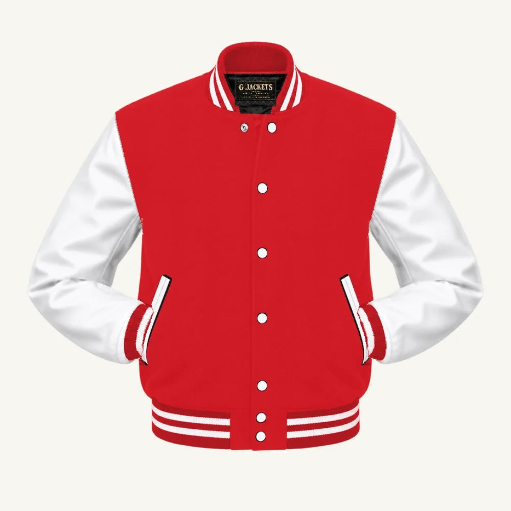 G Jackets Kids Classic Wool & PU Leather Varsity Jacket, Red/White, front view