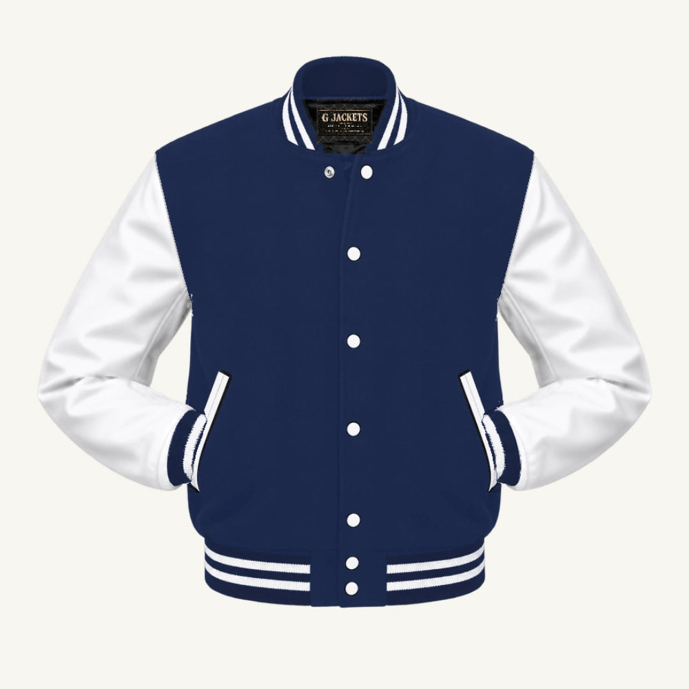 G Jackets Classic Wool & PU Leather Varsity Jacket, Navy Blue/White, front view