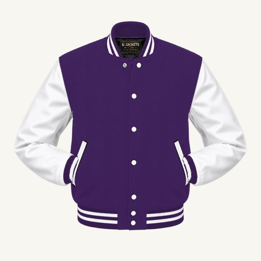G Jackets Classic Wool & PU Leather Varsity Jacket, Purple/White, front view