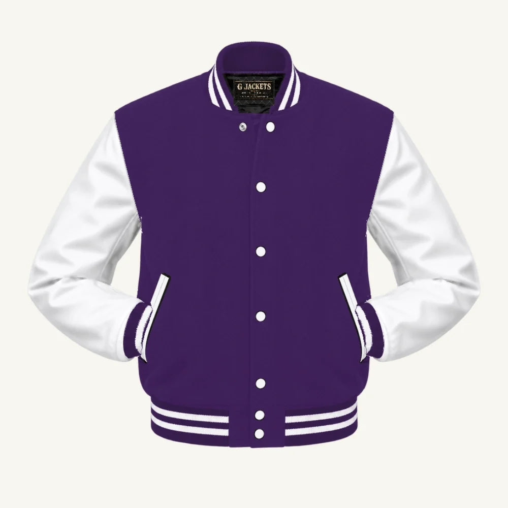 G Jackets Kids Classic Wool & PU Leather Varsity Jacket, Purple/White, front view