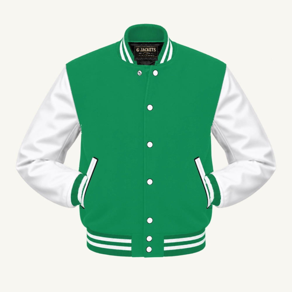 G Jackets Classic Wool & PU Leather Varsity Jacket, Kelly Green/White, front view