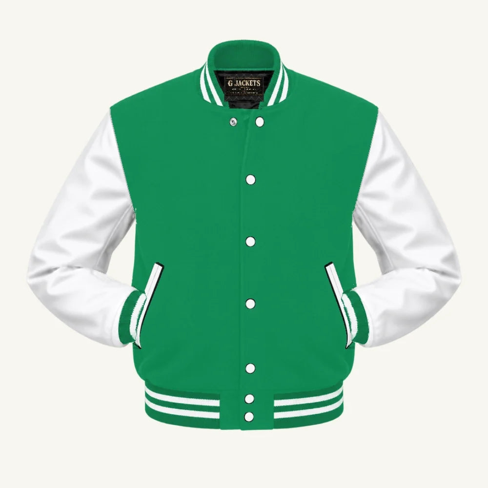 G Jackets Kids Classic Wool & PU Leather Varsity Jacket, Kelly Green/White, front view