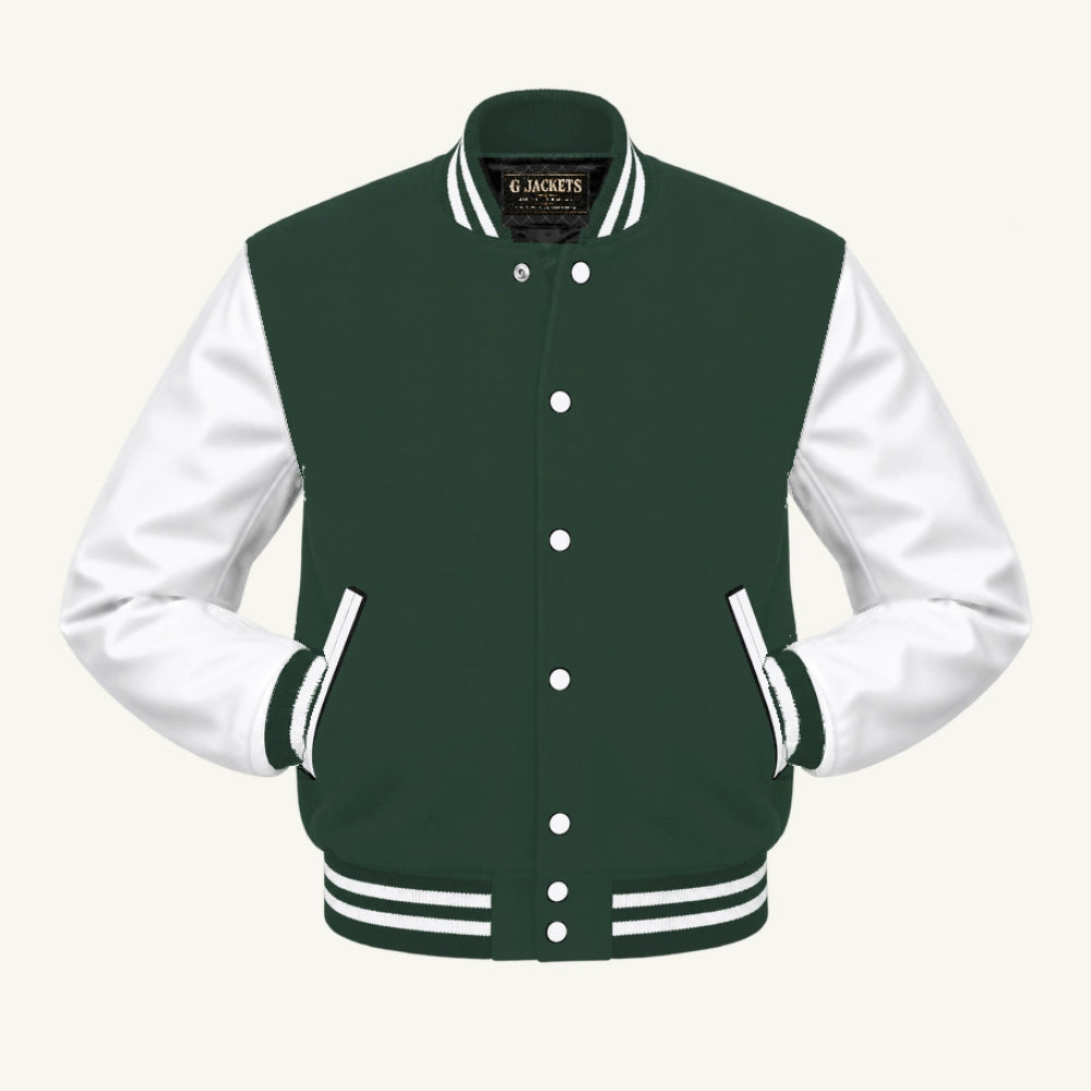 G Jackets Classic Wool & PU Leather Varsity Jacket, Forest Green/White, front view