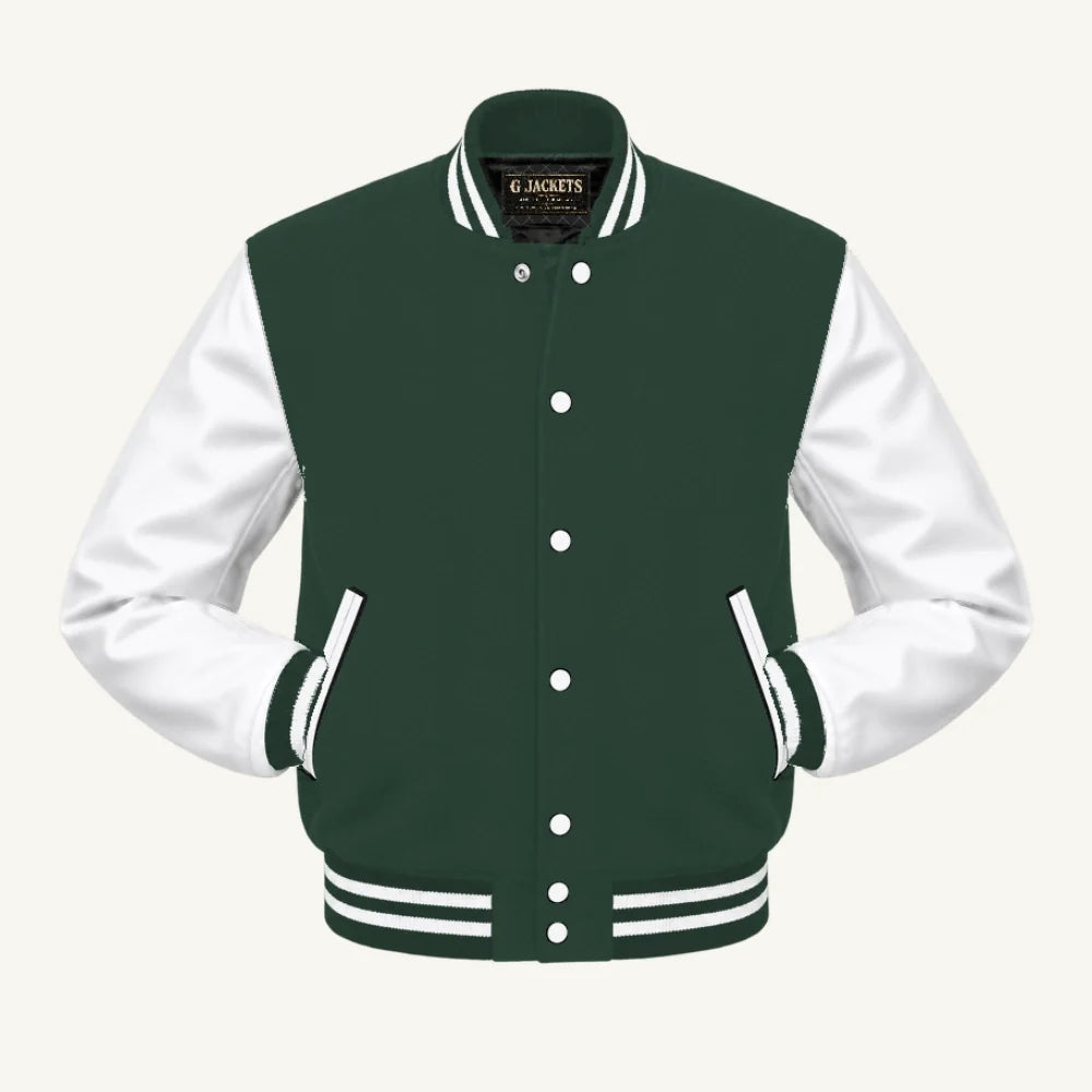 G Jackets Kids Classic Wool & PU Leather Varsity Jacket, Forest Green/White, front view