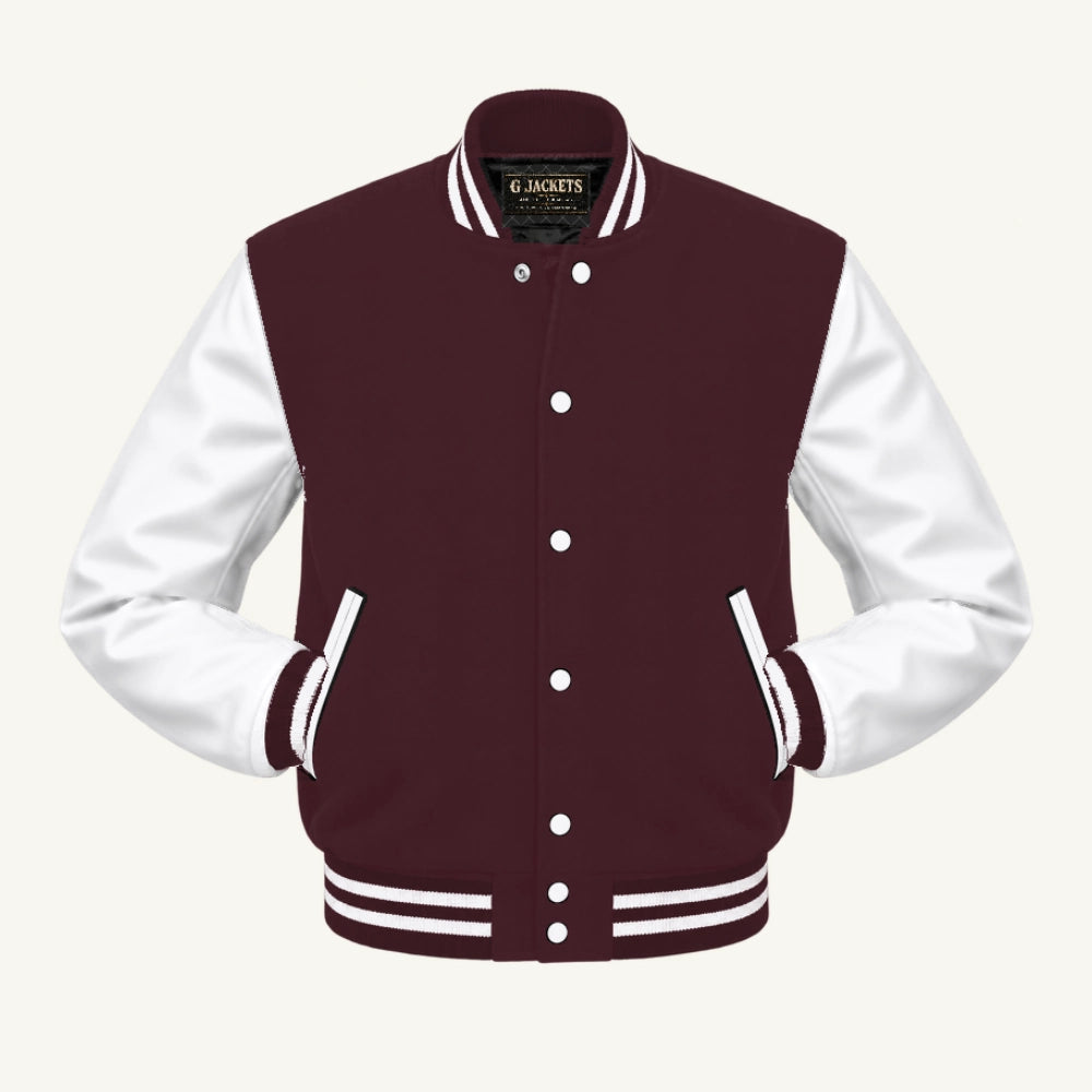 G Jackets Classic Wool & PU Leather Varsity Jacket, Maroon/White, front view