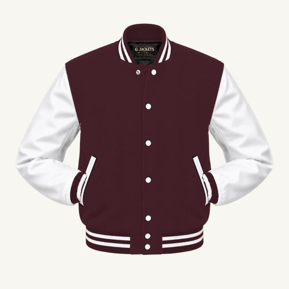 G Jackets Kids Classic Wool & PU Leather Varsity Jacket, Maroon/White, front view