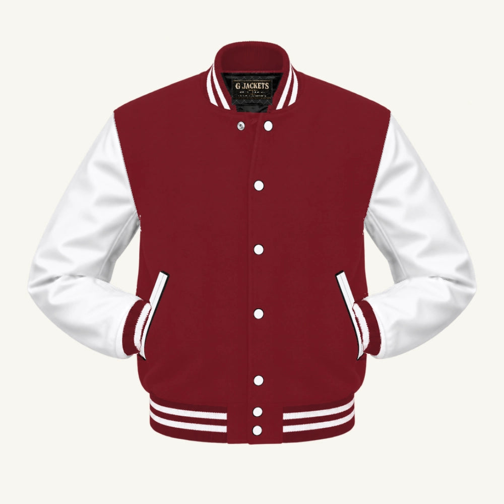 G Jackets Classic Wool & PU Leather Varsity Jacket, Cardinal/White, front view