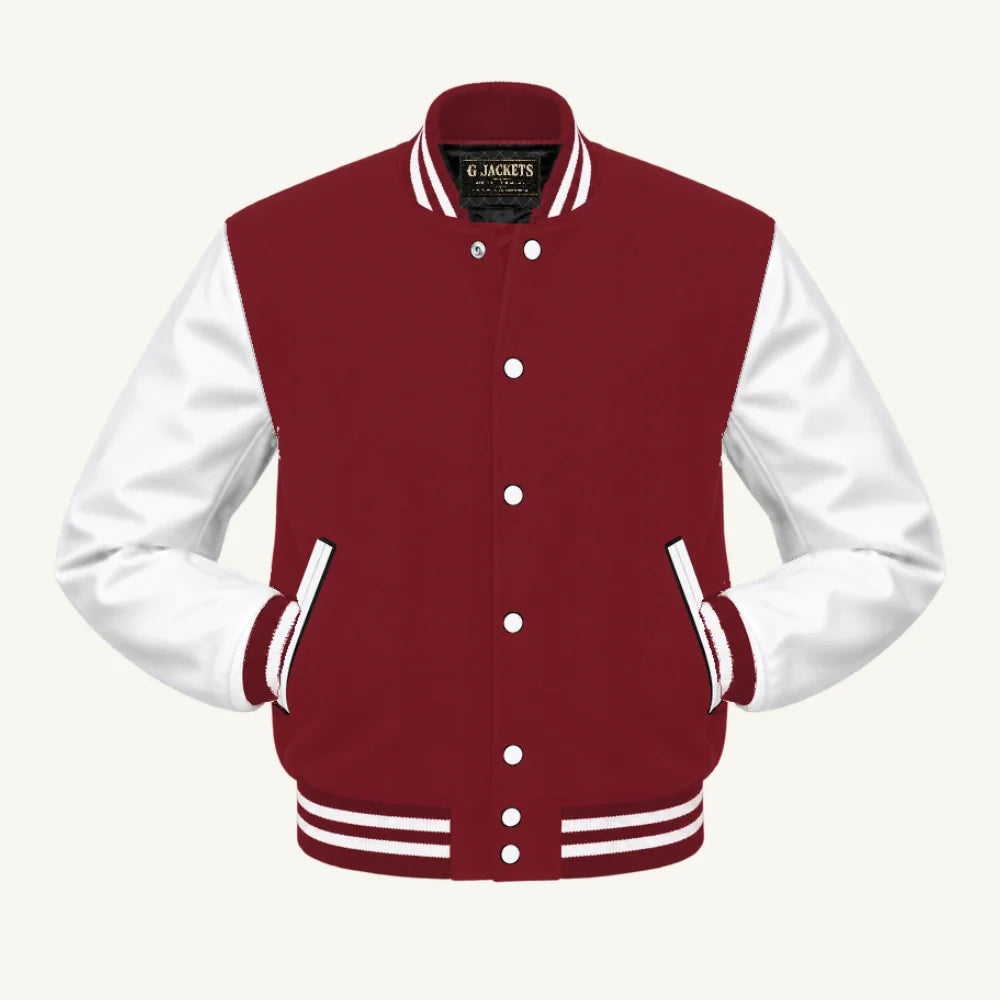G Jackets Kids Classic Wool & PU Leather Varsity Jacket, Cardinal/White, front view