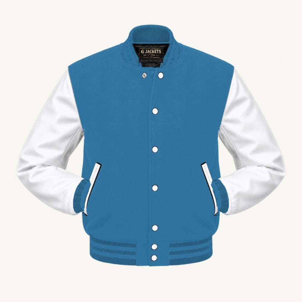 G Jackets Classic Wool & PU Leather Varsity Jacket, Light Blue/White - Columbia Blue Trim, front view
