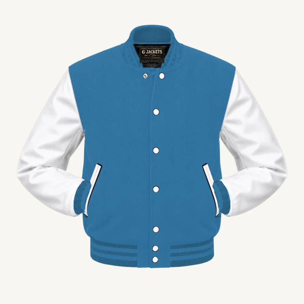 G Jackets Kids Classic Wool & PU Leather Varsity Jacket, Light Blue/White - Columbia Blue Trim, front view