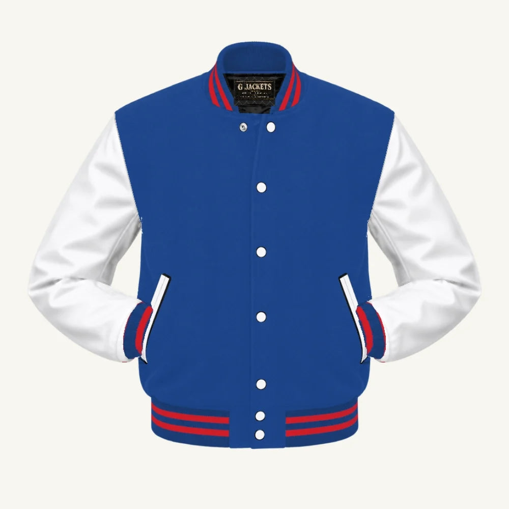 G Jackets Kids Classic Wool & PU Leather Varsity Jacket, Royal Blue/White - Red Trim, front view