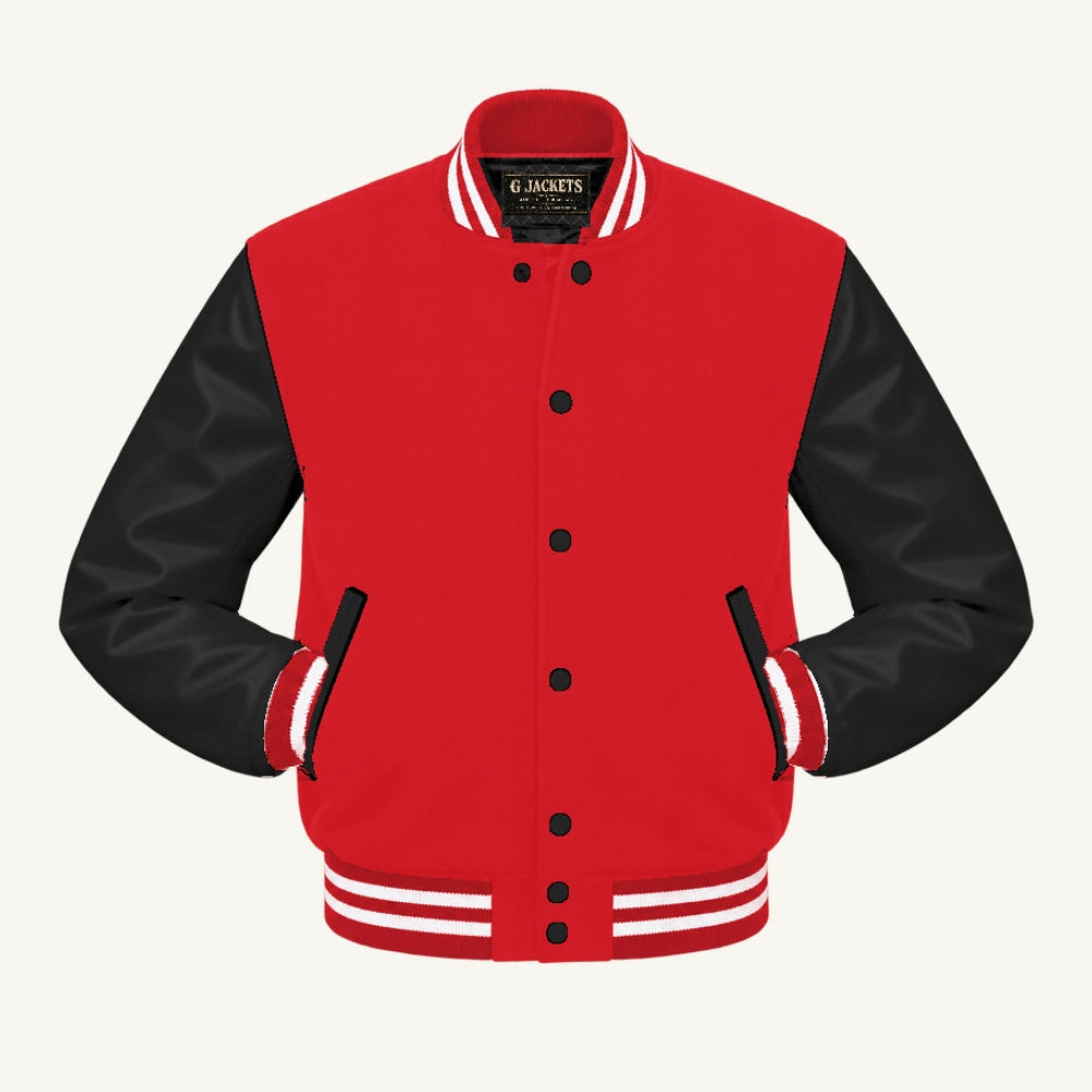 G Jackets Classic Wool & PU Leather Varsity Jacket, Red/Black - White Trim, front view
