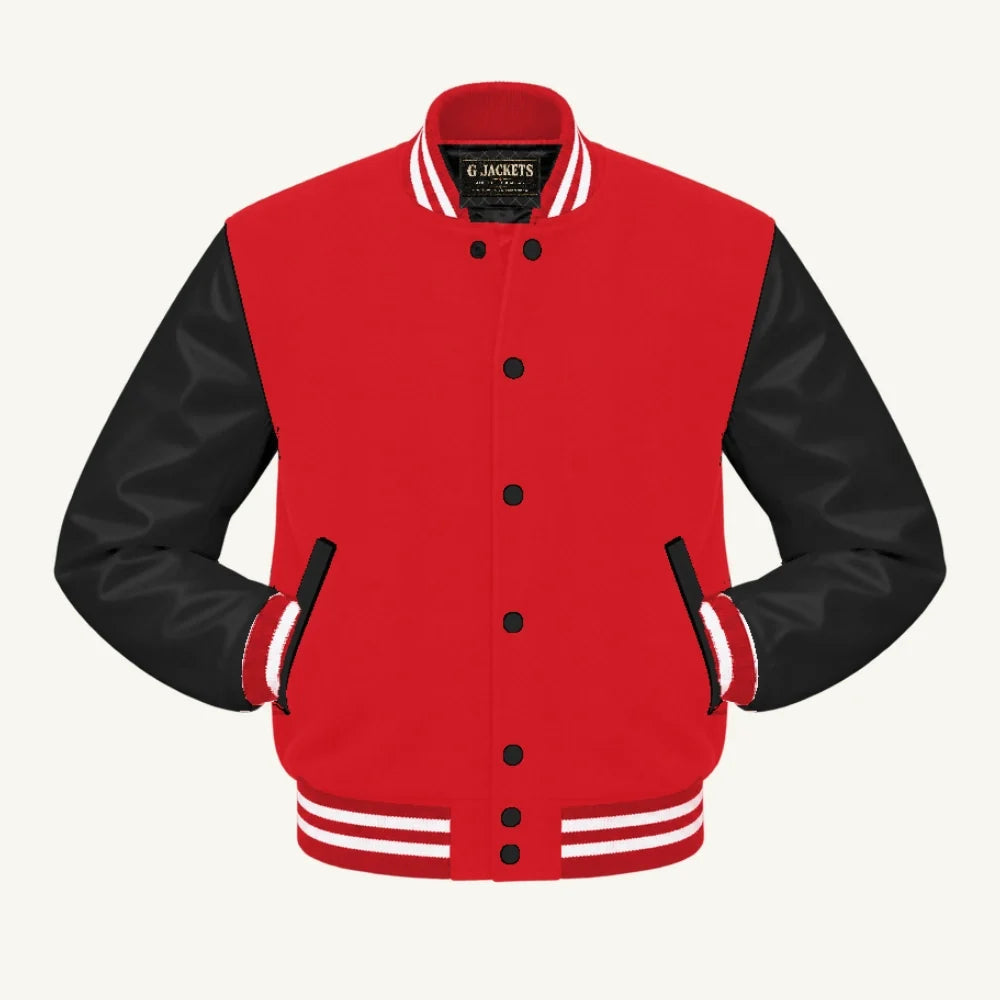 G Jackets Kids Classic Wool & PU Leather Varsity Jacket, Red/Black - White Trim, front view