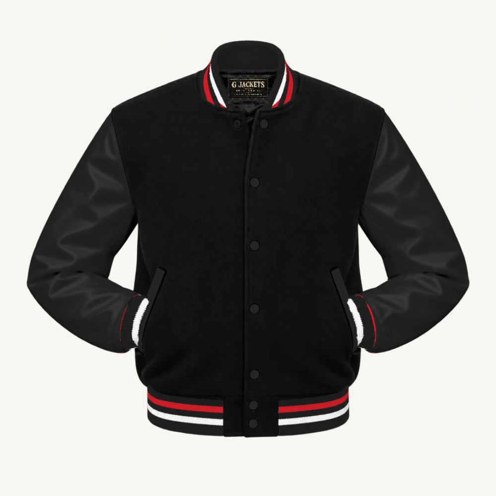G Jackets Classic Wool & PU Leather Varsity Jacket, Black/Black - Red/White Trim, front view