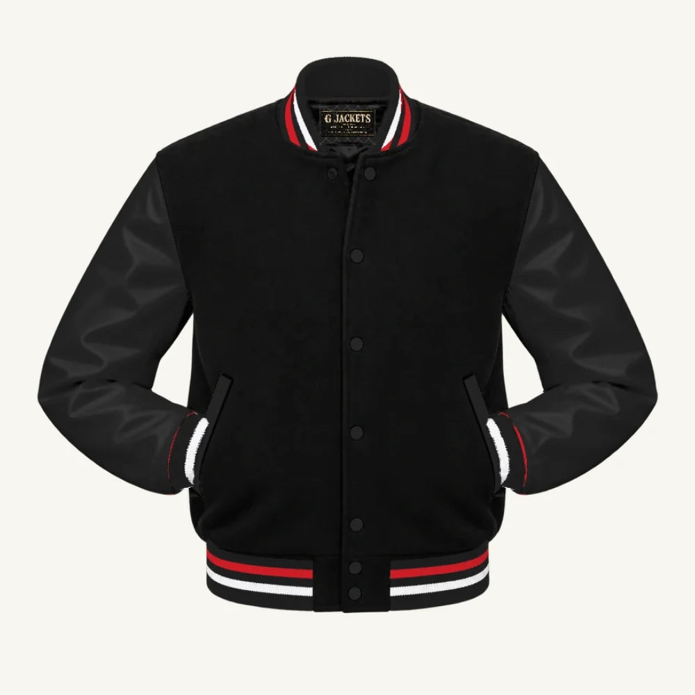 G Jackets Kids Classic Wool & PU Leather Varsity Jacket, Black/Black - Red/White Trim, front view