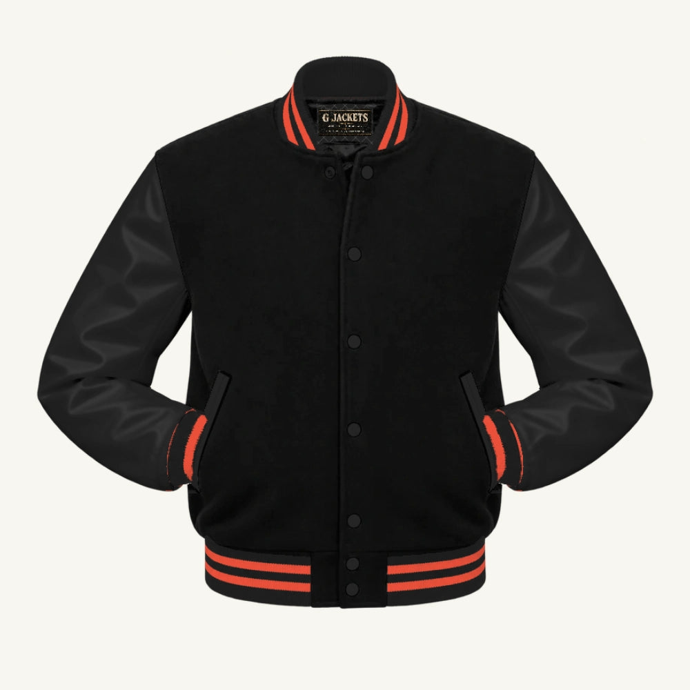 G Jackets Classic Wool & PU Leather Varsity Jacket, Black/Black - Orange Trim, front view