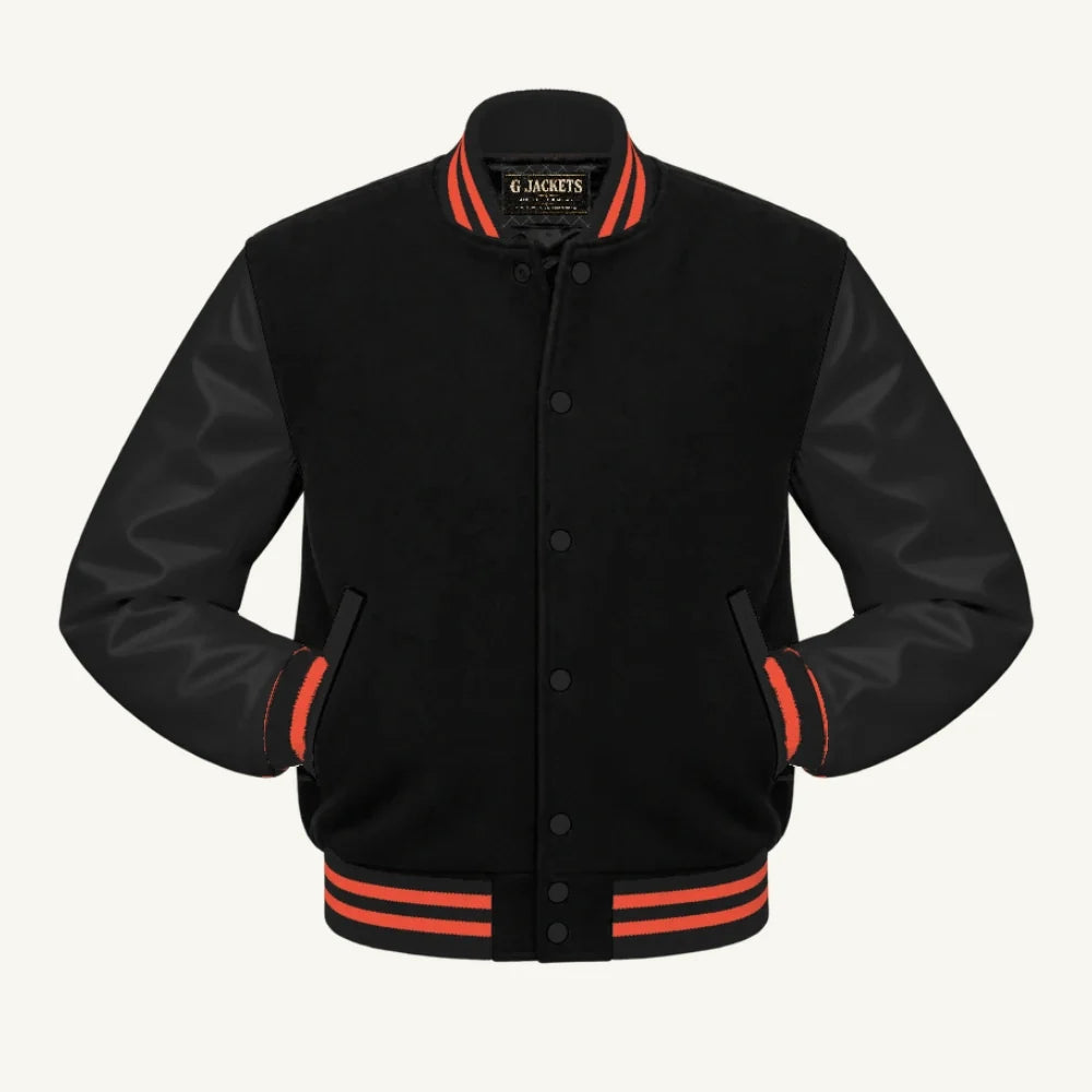 G Jackets Kids Classic Wool & PU Leather Varsity Jacket, Black/Black - Orange Trim, front view
