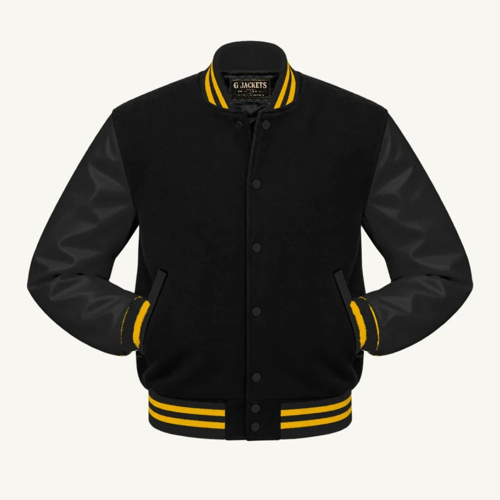 G Jackets Kids Classic Wool & PU Leather Varsity Jacket, Black/Black - Gold Trim, front view