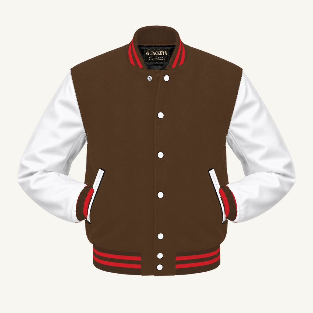G Jackets Classic Wool & PU Leather Varsity Jacket, Brown/White - Red Trim, front view