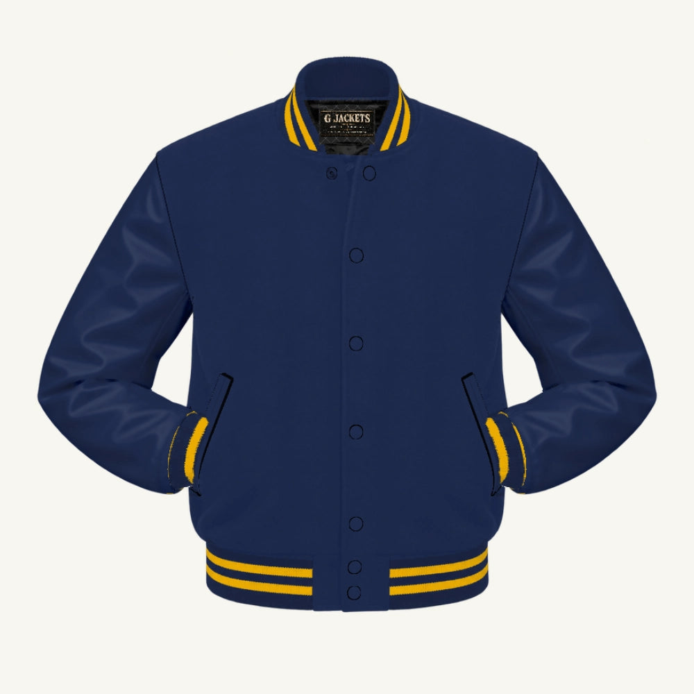 G Jackets Classic Wool & PU Leather Varsity Jacket, Navy Blue/Navy Blue - Gold Trim, front view