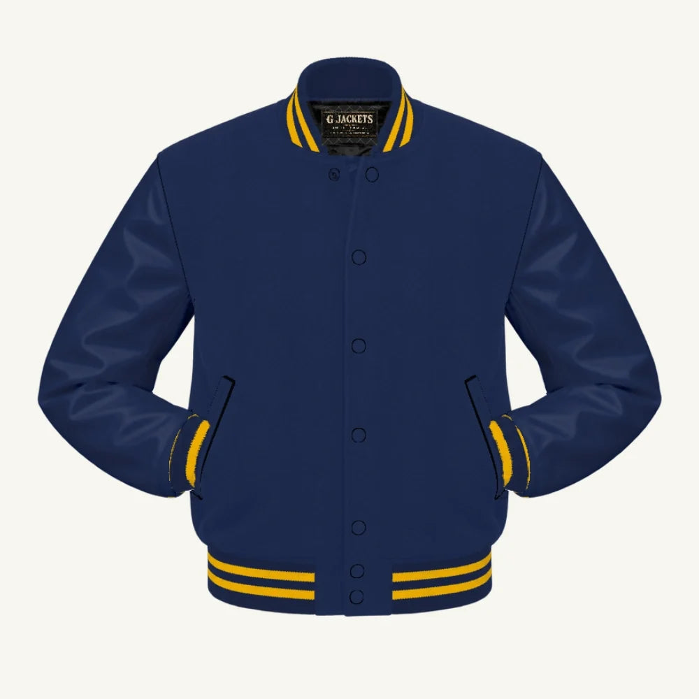 G Jackets Kids Classic Wool & PU Leather Varsity Jacket, Navy Blue/Navy Blue - Gold Trim, front view