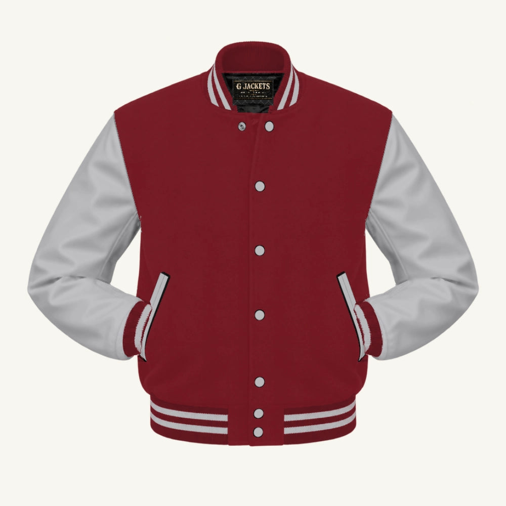 G Jackets Classic Wool & PU Leather Varsity Jacket, Cardinal/Grey, front view