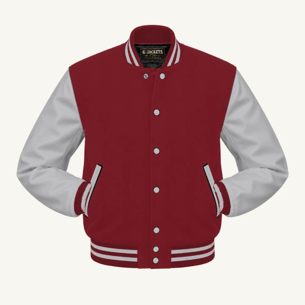 G Jackets Kids Classic Wool & PU Leather Varsity Jacket, Cardinal/Grey, front view
