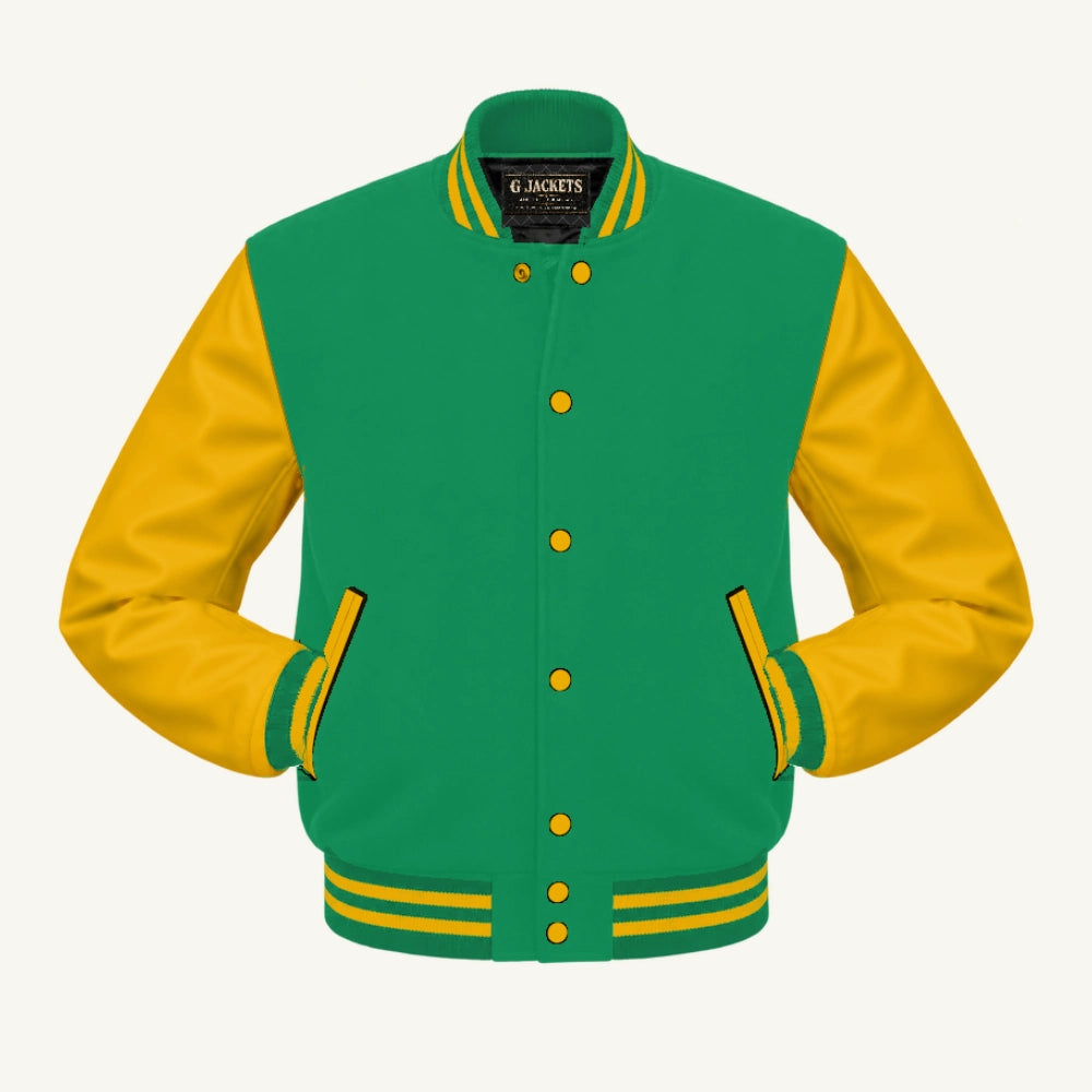 G Jackets Classic Wool & PU Leather Varsity Jacket, Kelly Green/Gold, front view