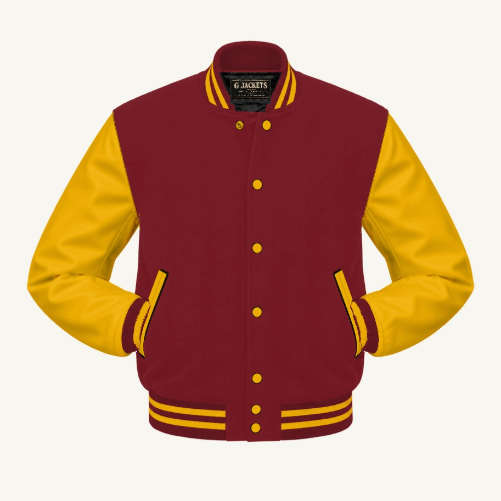 G Jackets Classic Wool & PU Leather Varsity Jacket, Cardinal/Gold, front view