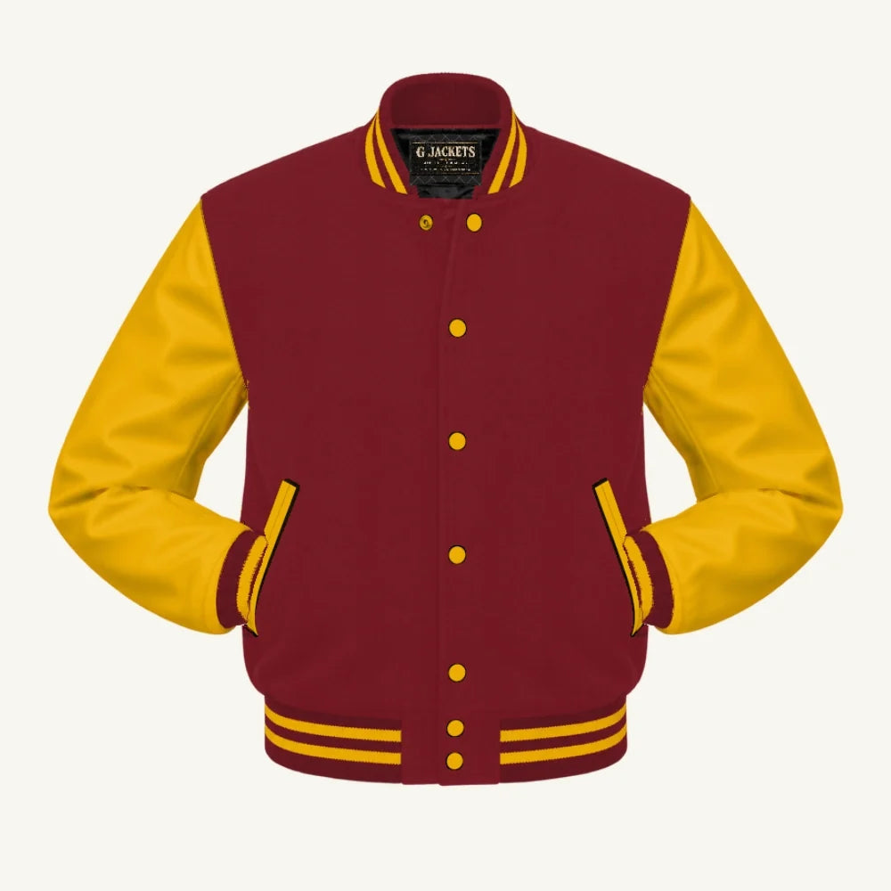 G Jackets Kids Classic Wool & PU Leather Varsity Jacket, Cardinal/Gold, front view