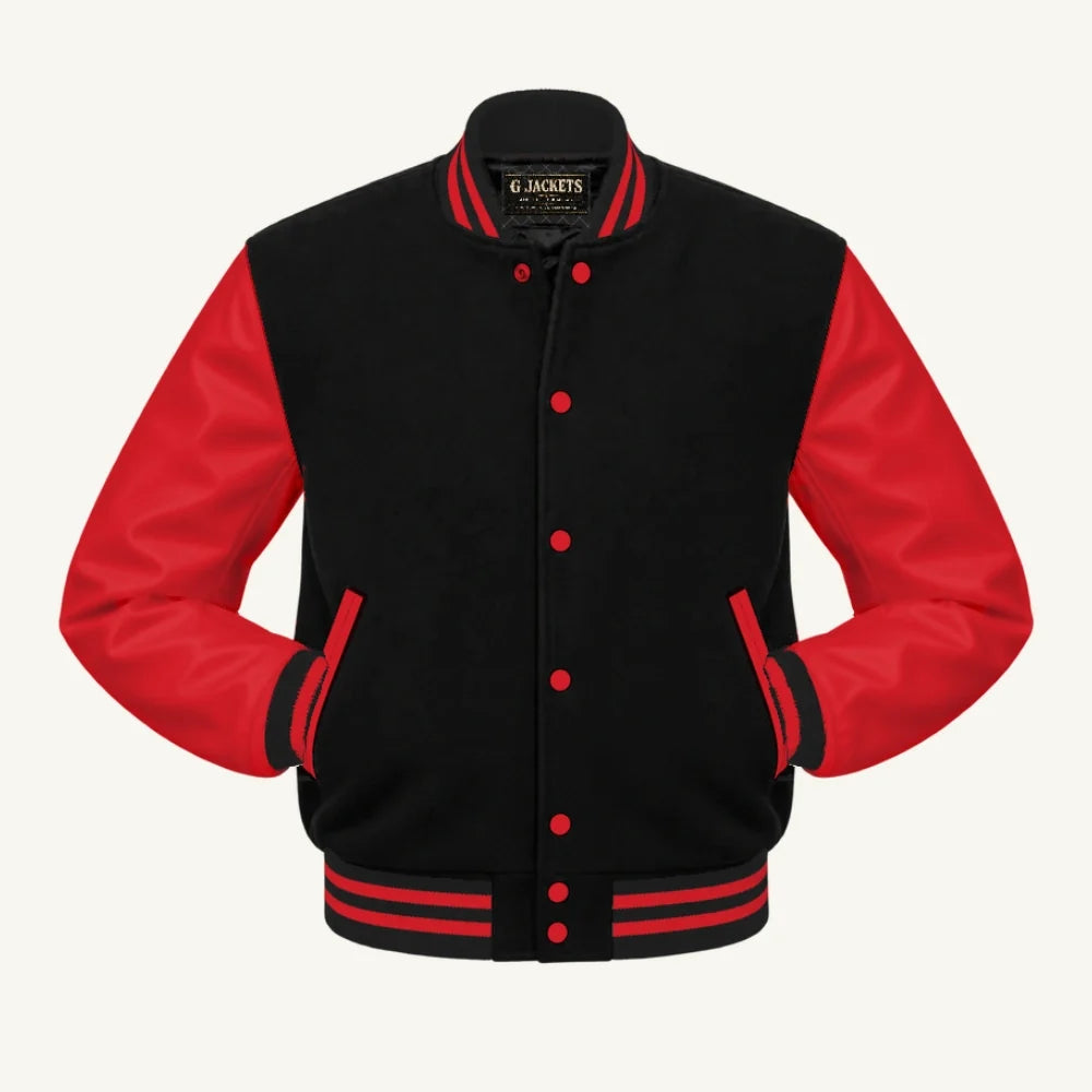 G Jackets Kids Classic Wool & PU Leather Varsity Jacket, Black/Red, front view