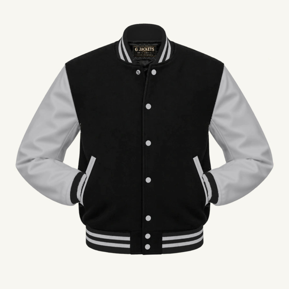 G Jackets Classic Wool & PU Leather Varsity Jacket, Black/Grey, front view
