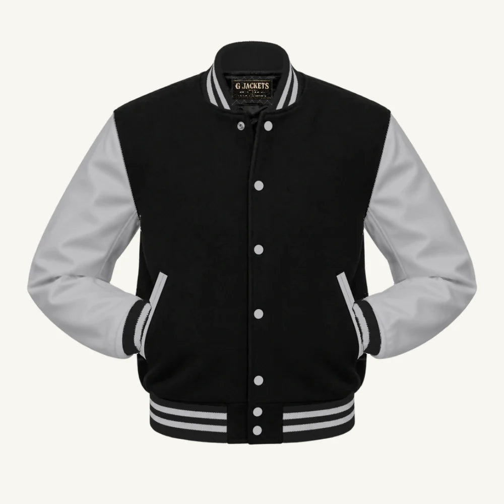 G Jackets Kids Classic Wool & PU Leather Varsity Jacket, Black/Grey, front view