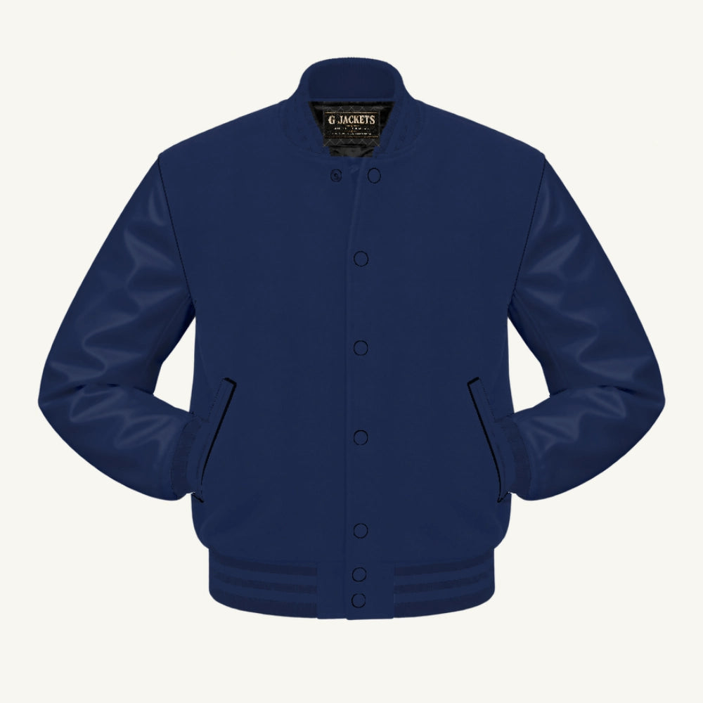 G Jackets Classic Wool & PU Leather Varsity Jacket, Solid Navy, front view