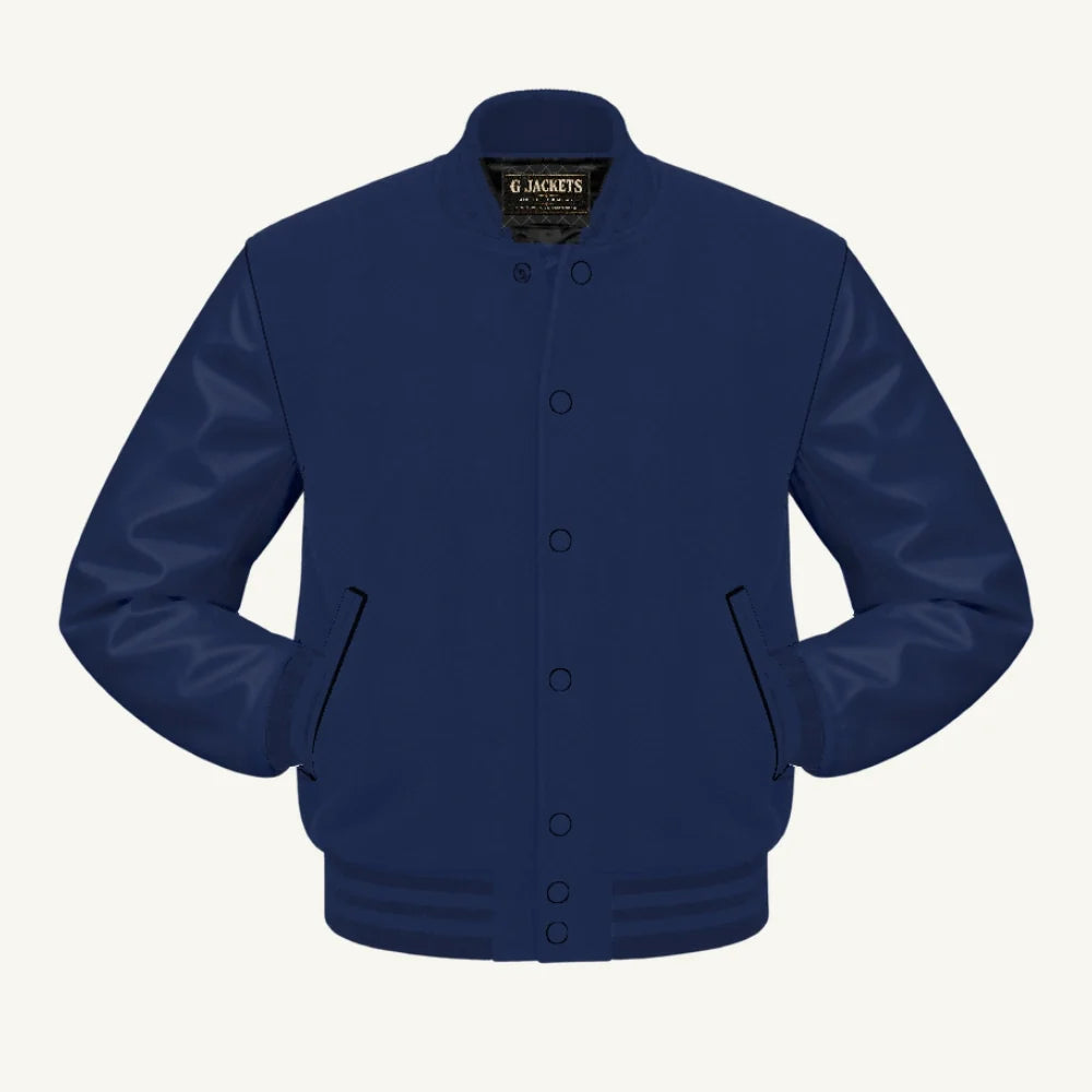 G Jackets Kids Classic Wool & PU Leather Varsity Jacket, Solid Navy, front view
