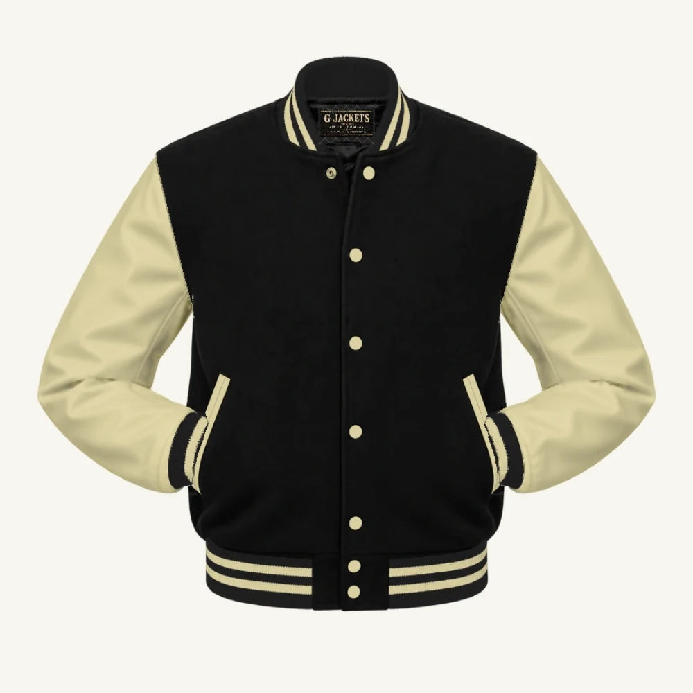 G Jackets Kids Classic Wool & PU Leather Varsity Jacket, Black/Natural - Cream Trim, front view