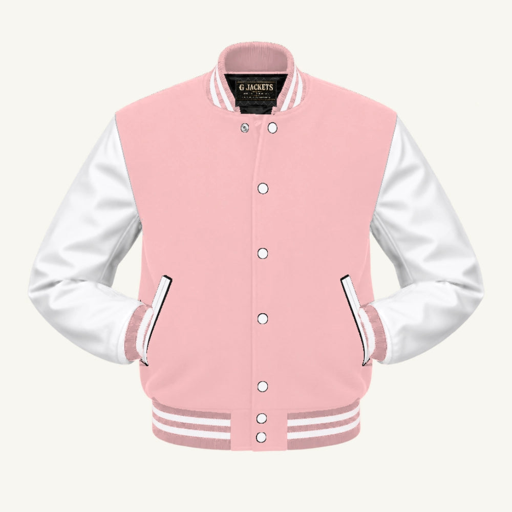G Jackets Classic Wool & PU Leather Varsity Jacket, Pink/White, front view