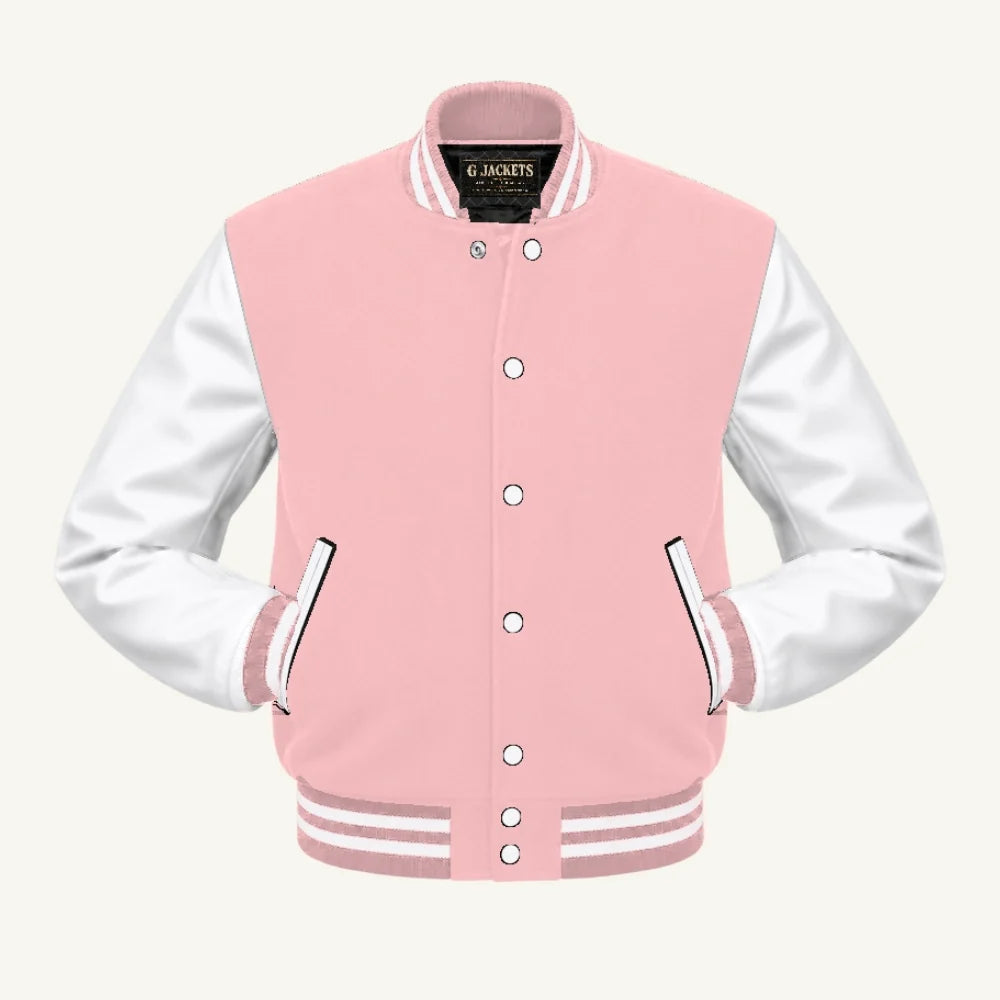 G Jackets Kids Classic Wool & PU Leather Varsity Jacket, Pink/White, front view