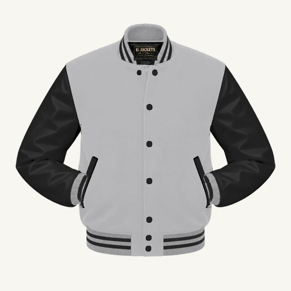 G Jackets Kids Classic Wool & PU Leather Varsity Jacket, Grey/Black, front view