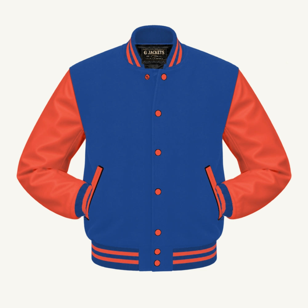 G Jackets Classic Wool & PU Leather Varsity Jacket, Royal Blue/Orange, front view